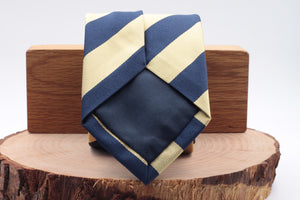 Holliday & Brown for Cruciani & Bella 100% Silk Jacquard  Regimental "4th The Queen's Own Hussars"  Yellow and Blue navy stripe tie Handmade in Italy 8 cm x 150 cm