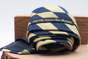 Holliday & Brown for Cruciani & Bella 100% Silk Jacquard  Regimental "4th The Queen's Own Hussars"  Yellow and Blue navy stripe tie Handmade in Italy 8 cm x 150 cm