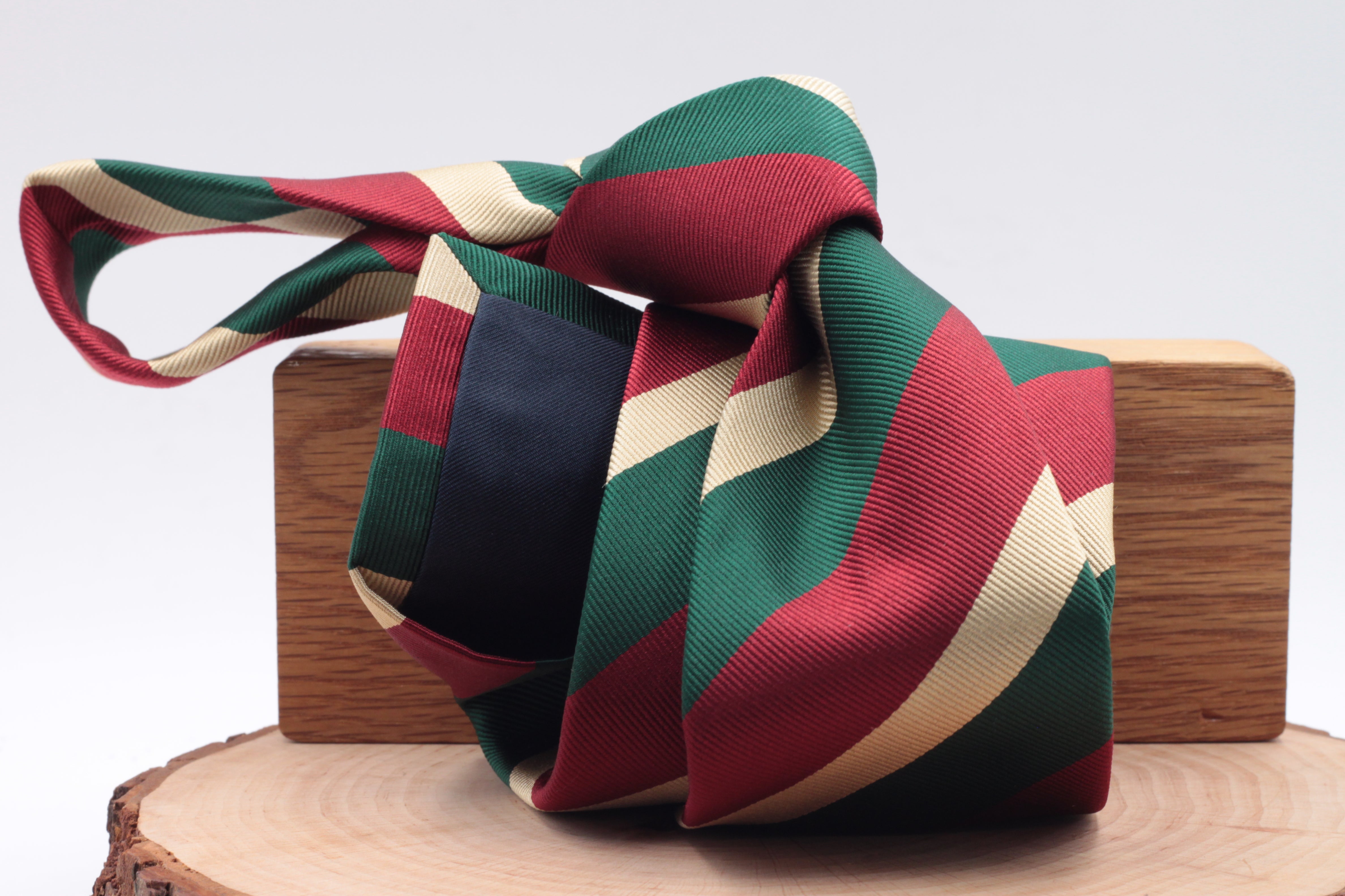 Holliday & Brown for Cruciani & Bella 100% Silk Jacquard  Regimental "5th Royal Inniskilling Dragoon Guards" Red, Green and Beige stripe tie Handmade in Italy 8 cm x 150 cm