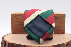 Holliday & Brown for Cruciani & Bella 100% Silk Jacquard  Regimental "5th Royal Inniskilling Dragoon Guards" Red, Green and Beige stripe tie Handmade in Italy 8 cm x 150 cm