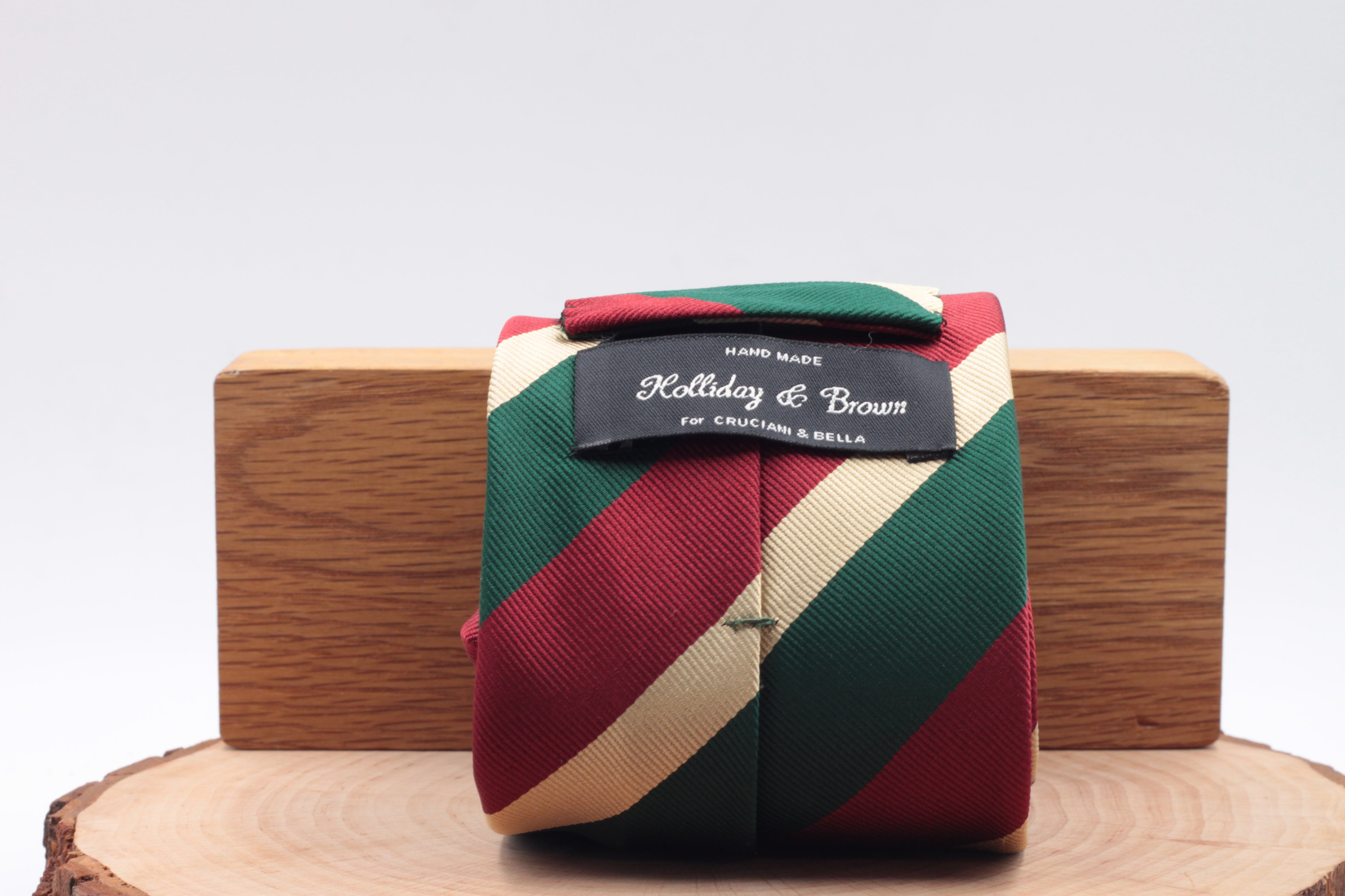 Holliday & Brown for Cruciani & Bella 100% Silk Jacquard  Regimental "5th Royal Inniskilling Dragoon Guards" Red, Green and Beige stripe tie Handmade in Italy 8 cm x 150 cm