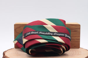 Holliday & Brown for Cruciani & Bella 100% Silk Jacquard  Regimental "5th Royal Inniskilling Dragoon Guards" Red, Green and Beige stripe tie Handmade in Italy 8 cm x 150 cm