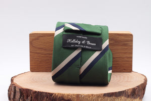 Holliday & Brown for Cruciani & Bella 100% Silk Jacquard  Regimental "Queen's Own Highlanders"  Green, navy blue and ivory stripe tie Handmade in Italy 8 cm x 150 cm