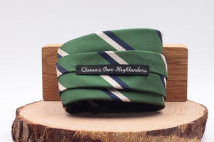 Holliday & Brown for Cruciani & Bella 100% Silk Jacquard  Regimental "Queen's Own Highlanders"  Green, navy blue and ivory stripe tie Handmade in Italy 8 cm x 150 cm