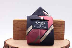 Drake's for Cruciani e Bella 100% Jacquard Silk Navy blue and pink, white and military green stripe tie 36 oz Handmade in London, England 8 cm x 150 cm N.B :