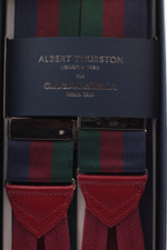 Albert Thurston for Cruciani & Bella Made in England Adjustable Sizing 40 mm Woven Barathea  Red, green and blue navy stripes "Blackwatch" braces Braid ends Y-Shaped Nickel Fittings Size: Xl