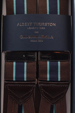 Albert Thurston for Cruciani & Bella Made in England Adjustable Sizing 40 mm Woven Barathea  Brown, light blue and blue navy stripes braces Braid ends Y-Shaped Nickel Fittings Size: XL