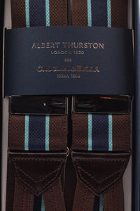 Albert Thurston for Cruciani & Bella Made in England Adjustable Sizing 40 mm Woven Barathea  Brown, light blue and blue navy stripes braces Braid ends Y-Shaped Nickel Fittings Size: XL