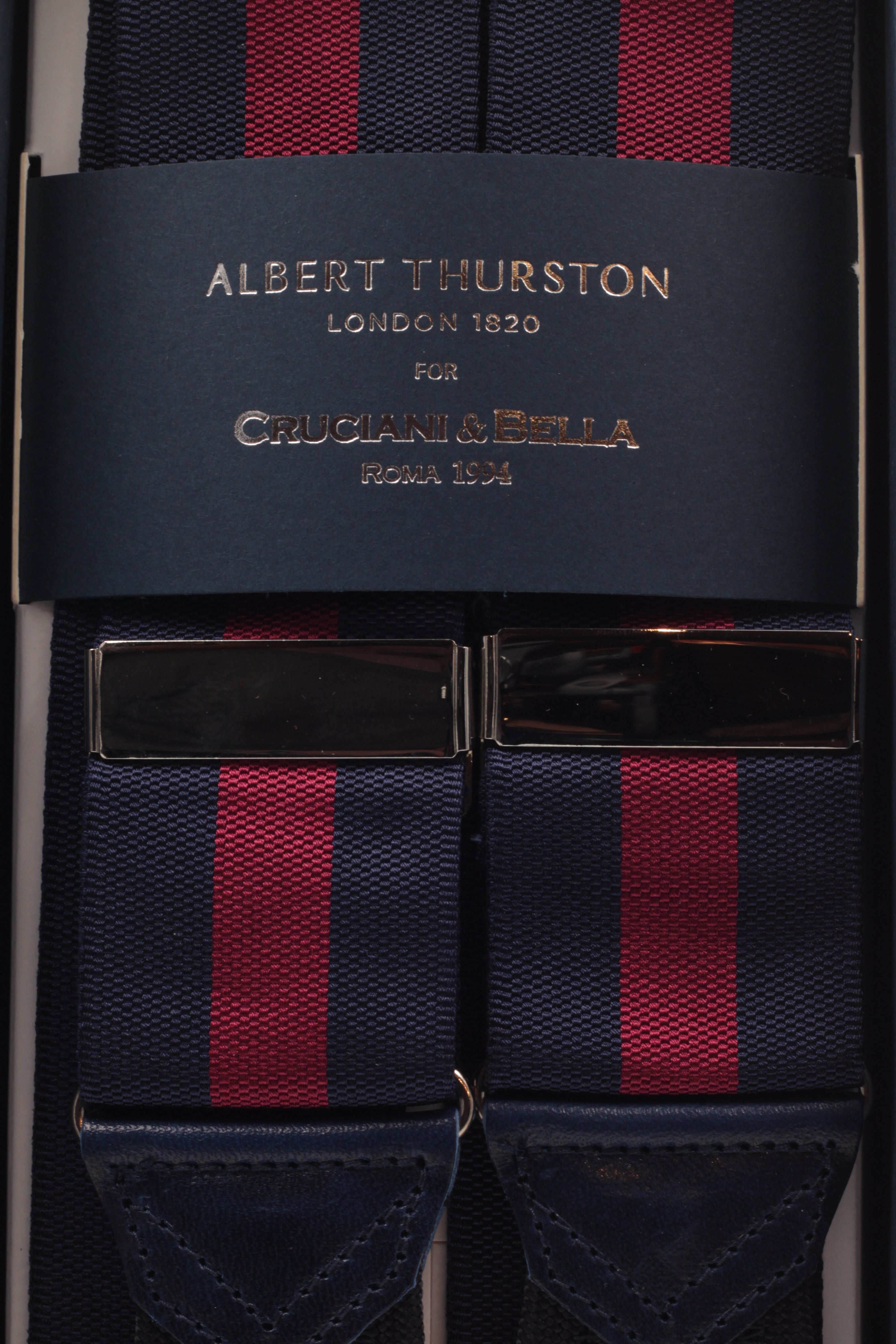 Albert Thurston for Cruciani & Bella Made in England Adjustable Sizing 40 mm Woven Barathea  Navy and Red stripes Braces Braid ends Y-Shaped Nickel Fittings