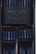 Albert Thurston for Cruciani & Bella Made in England Adjustable Sizing 40 mm Woven Barathea  Blue navy, different kind of blue stripes braces Braid ends Y-Shaped Nickel Fittings Size: XL