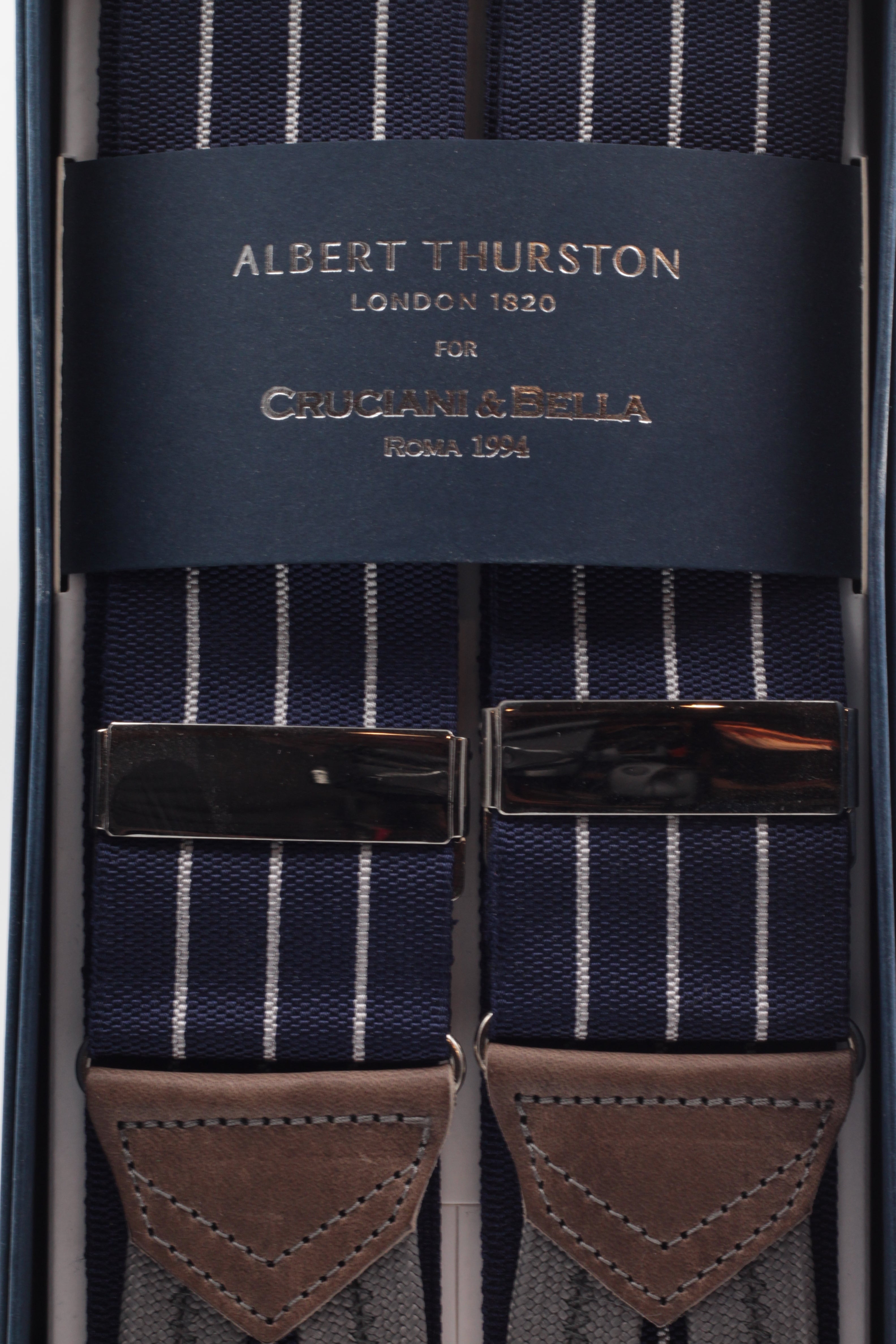 Albert Thurston for Cruciani & Bella Made in England Adjustable Sizing 40 mm Woven Barathea  Blue navy, grey stripes braces Braid ends Y-Shaped Nickel Fittings Size: XL