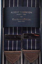 Albert Thurston for Cruciani & Bella Made in England Adjustable Sizing 40 mm Woven Barathea  Blue navy, grey stripes braces Braid ends Y-Shaped Nickel Fittings Size: XL