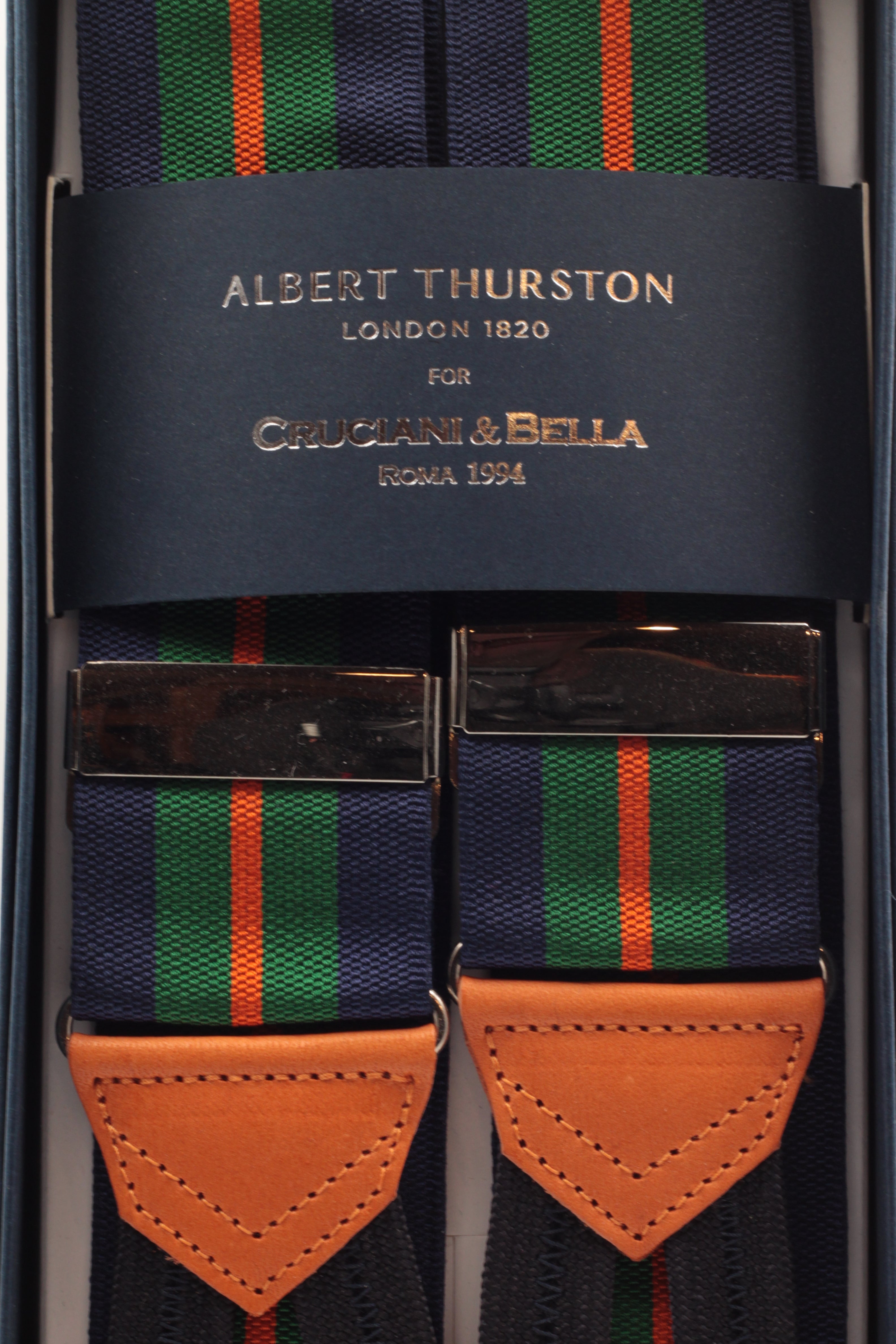 Albert Thurston for Cruciani & Bella Made in England Adjustable Sizing 40 mm Woven Barathea  Navy, green and orange stripes Braces Braid ends Y-Shaped Nickel Fittings Size: XL