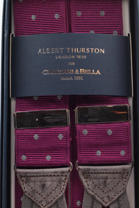 Albert Thurston for Cruciani & Bella Made in England Adjustable Sizing 40 mm Woven Barathea  Purple, grey dots braces Braid ends Y-Shaped Nickel Fittings Size: XL