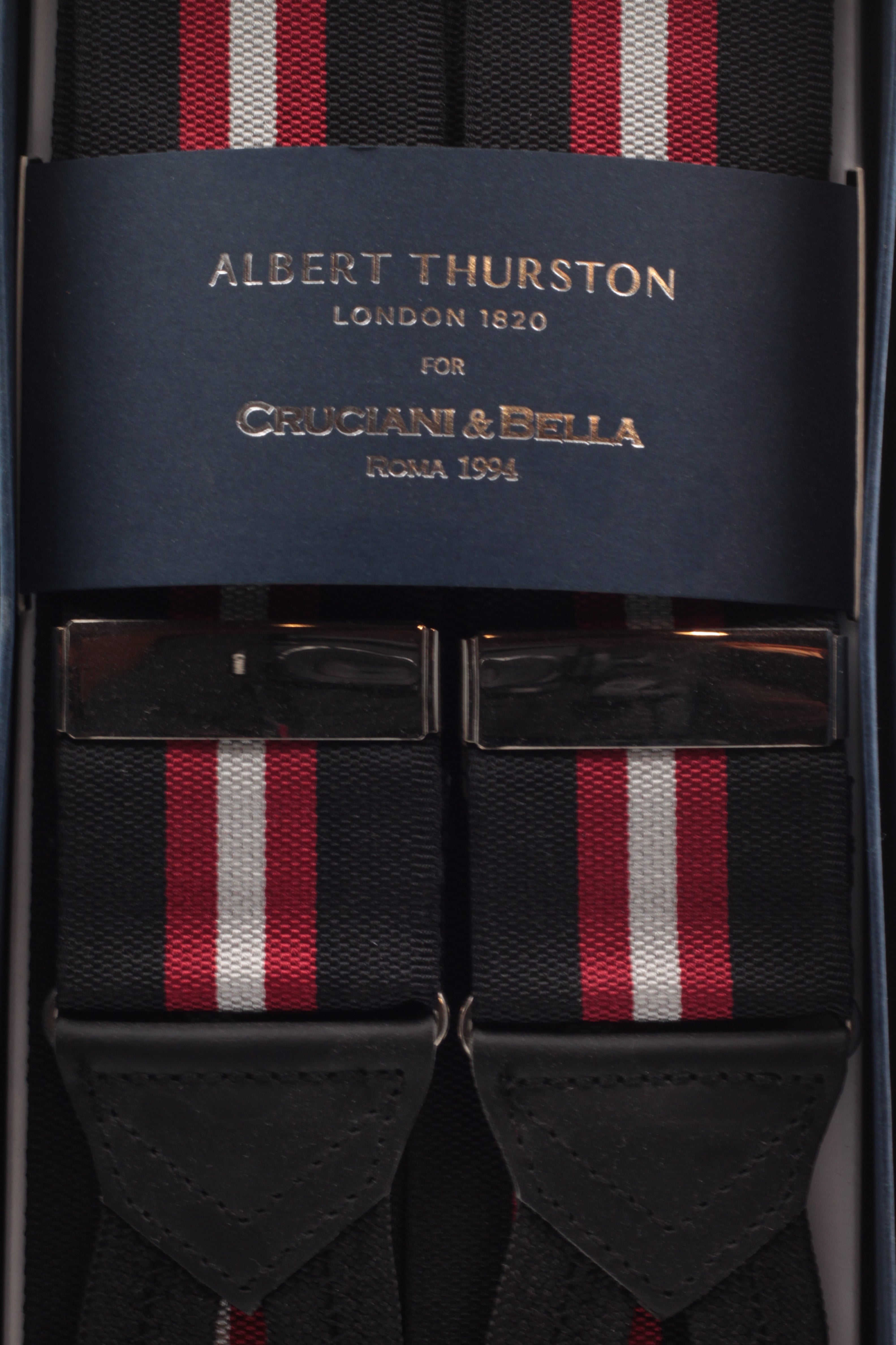 Albert Thurston for Cruciani & Bella Made in England Adjustable Sizing 40 mm Woven Barathea  Black, red and white stripes Braces Braid ends Y-Shaped Nickel Fittings Size: XL