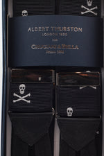 Albert Thurston for Cruciani & Bella Made in England Adjustable Sizing 40 mm Woven Barathea  Black, white skulls Braces Braid ends Y-Shaped Nickel Fittings Size: XL