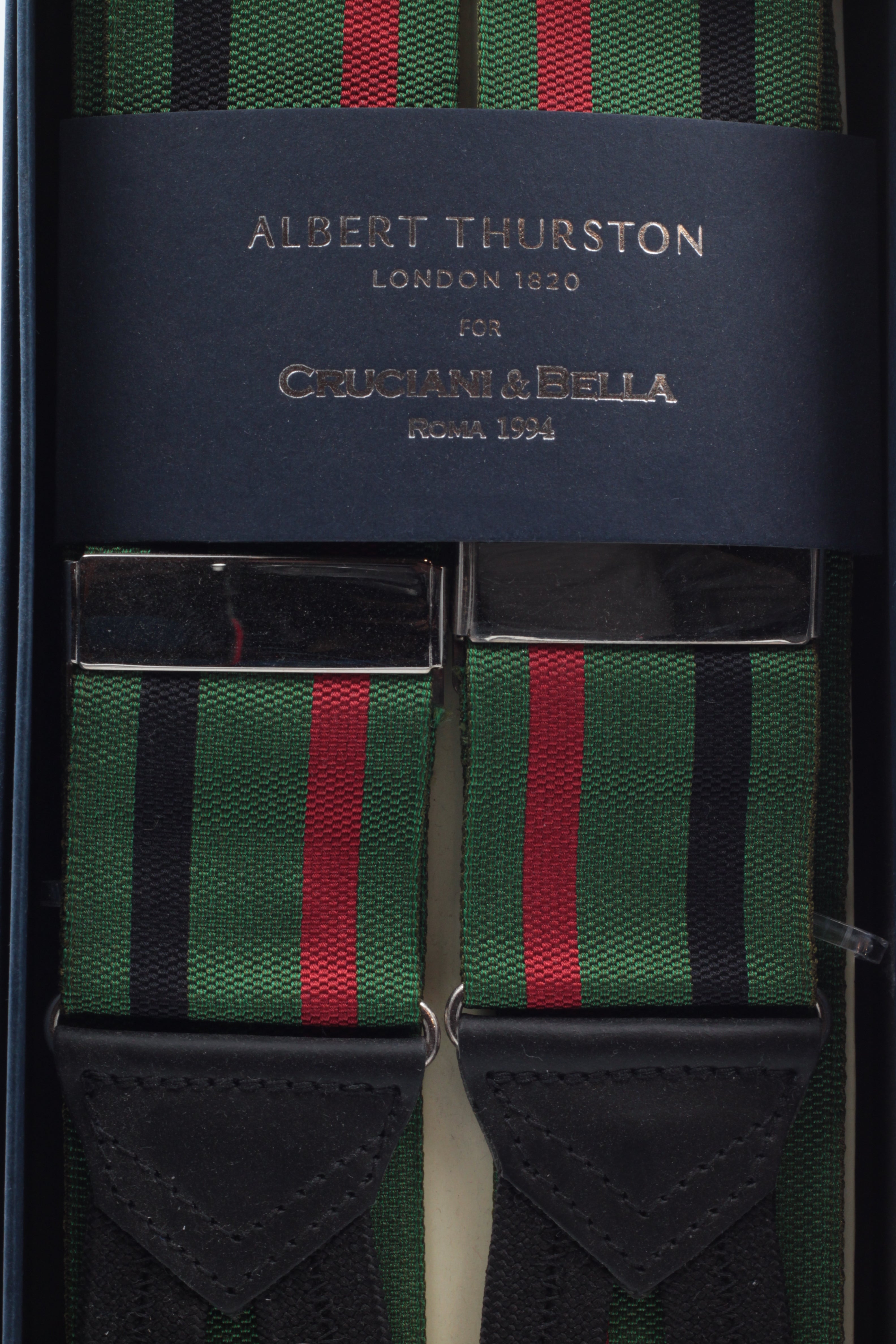 Albert Thurston for Cruciani & Bella Made in England Adjustable Sizing 40 mm Woven Barathea  Green, black and red stripes Braces Braid ends Y-Shaped Nickel Fittings Size: XL