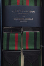 Albert Thurston for Cruciani & Bella Made in England Adjustable Sizing 40 mm Woven Barathea  Green, black and red stripes Braces Braid ends Y-Shaped Nickel Fittings Size: XL