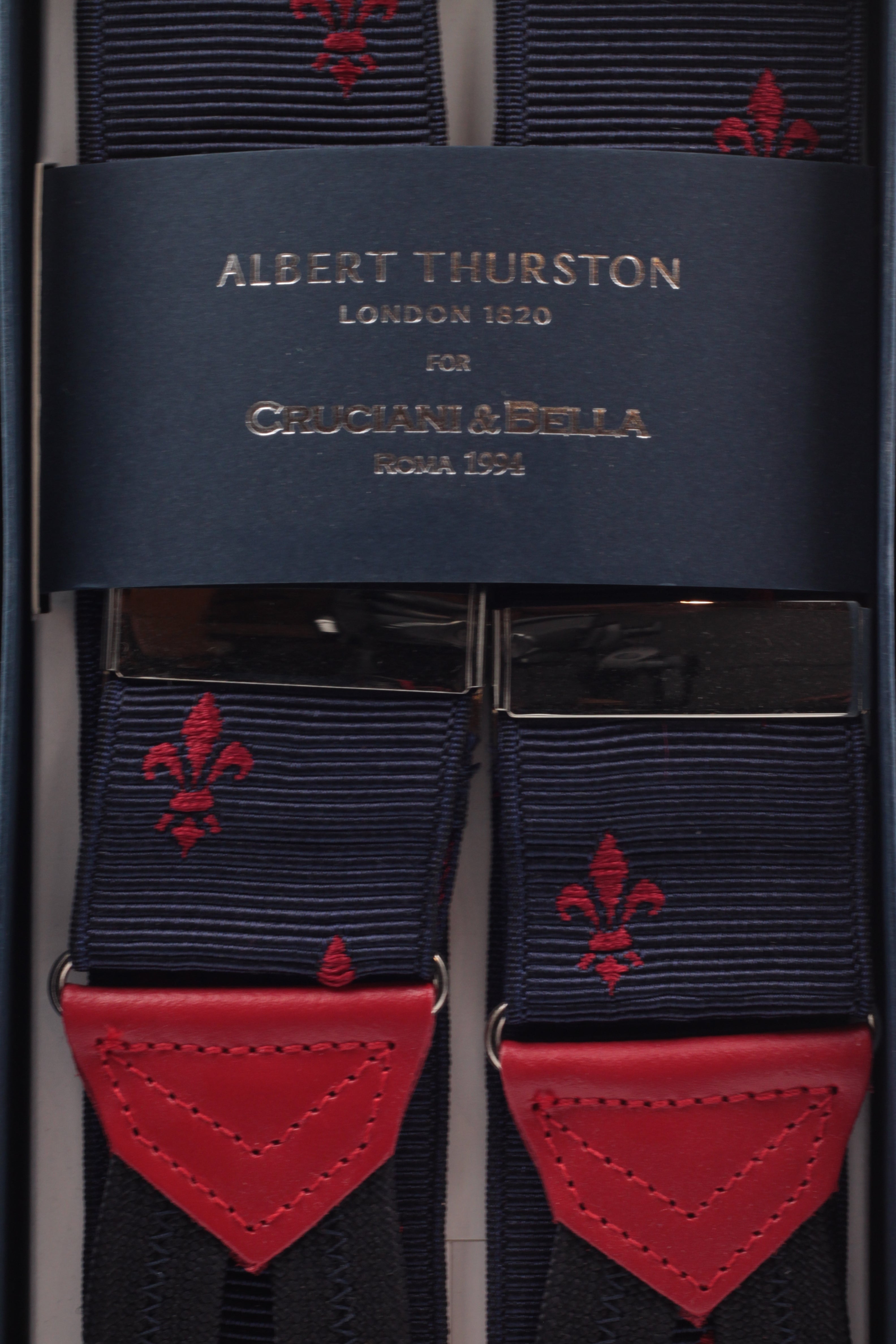 Albert Thurston for Cruciani & Bella Made in England Adjustable Sizing 40 mm Woven Barathea  Navy, red florentine lily Braces Braid ends Y-Shaped Nickel Fittings Size: XL