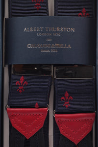 Albert Thurston for Cruciani & Bella Made in England Adjustable Sizing 40 mm Woven Barathea  Navy, red florentine lily Braces Braid ends Y-Shaped Nickel Fittings Size: XL