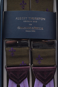 Albert Thurston for Cruciani & Bella Made in England Adjustable Sizing 40 mm Woven Barathea  Forest green, purple florentine lily  Braces Braid ends Y-Shaped Nickel Fittings Size: XL