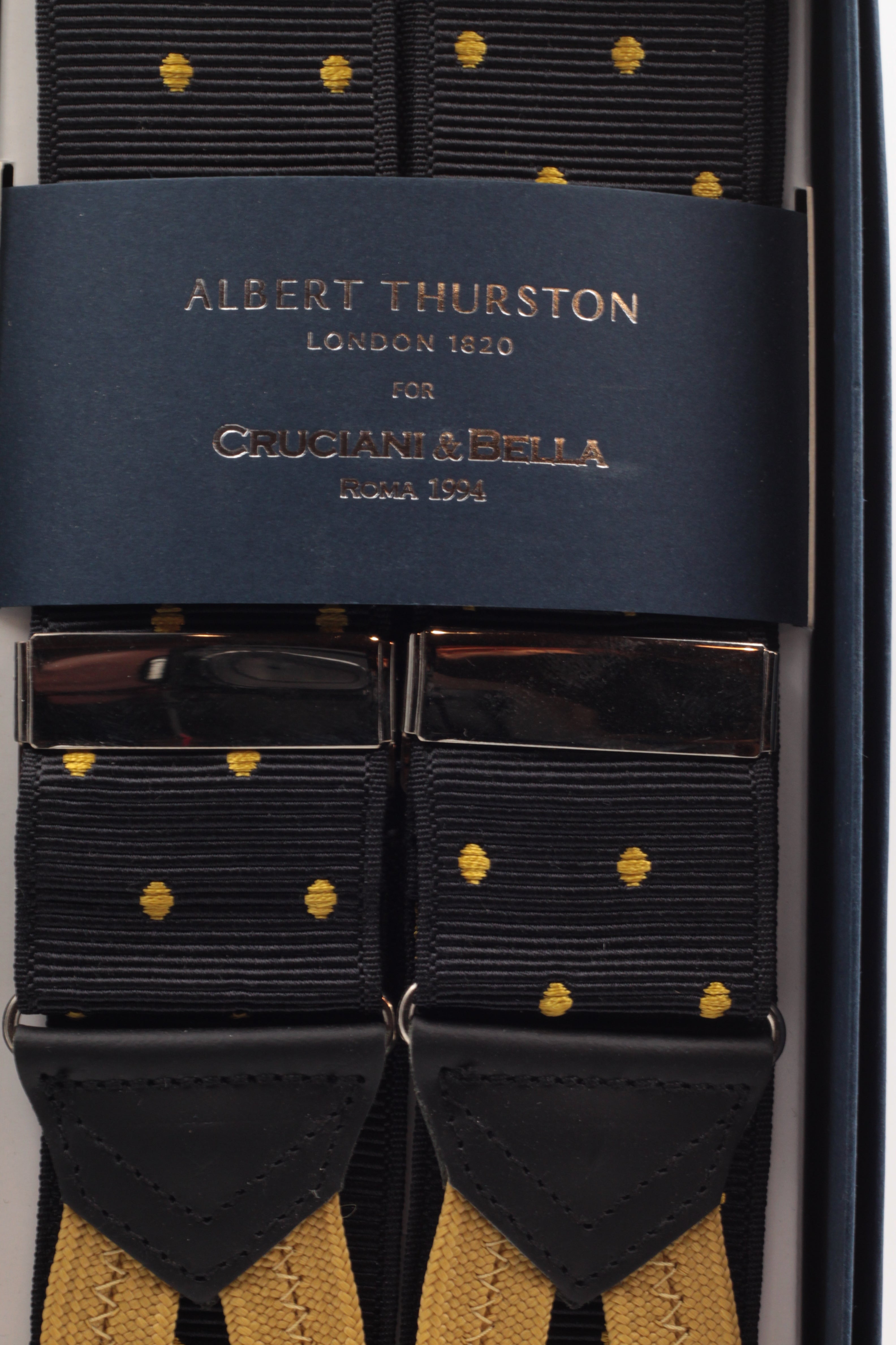 Albert Thurston for Cruciani & Bella Made in England Adjustable Sizing 40 mm Woven Barathea  Nero, mustard dots Braces Braid ends Y-Shaped Nickel Fittings Size: XL