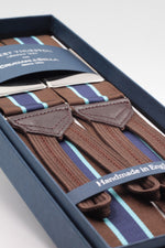 Albert Thurston for Cruciani & Bella Made in England Adjustable Sizing 40 mm Woven Barathea  Brown, light blue and blue navy stripes braces Braid ends Y-Shaped Nickel Fittings Size: XL