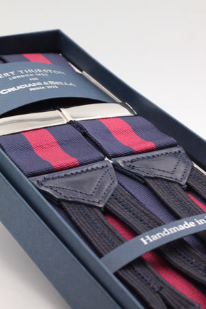 Albert Thurston for Cruciani & Bella Made in England Adjustable Sizing 40 mm Woven Barathea  Navy and Red stripes Braces Braid ends Y-Shaped Nickel Fittings Size: XL