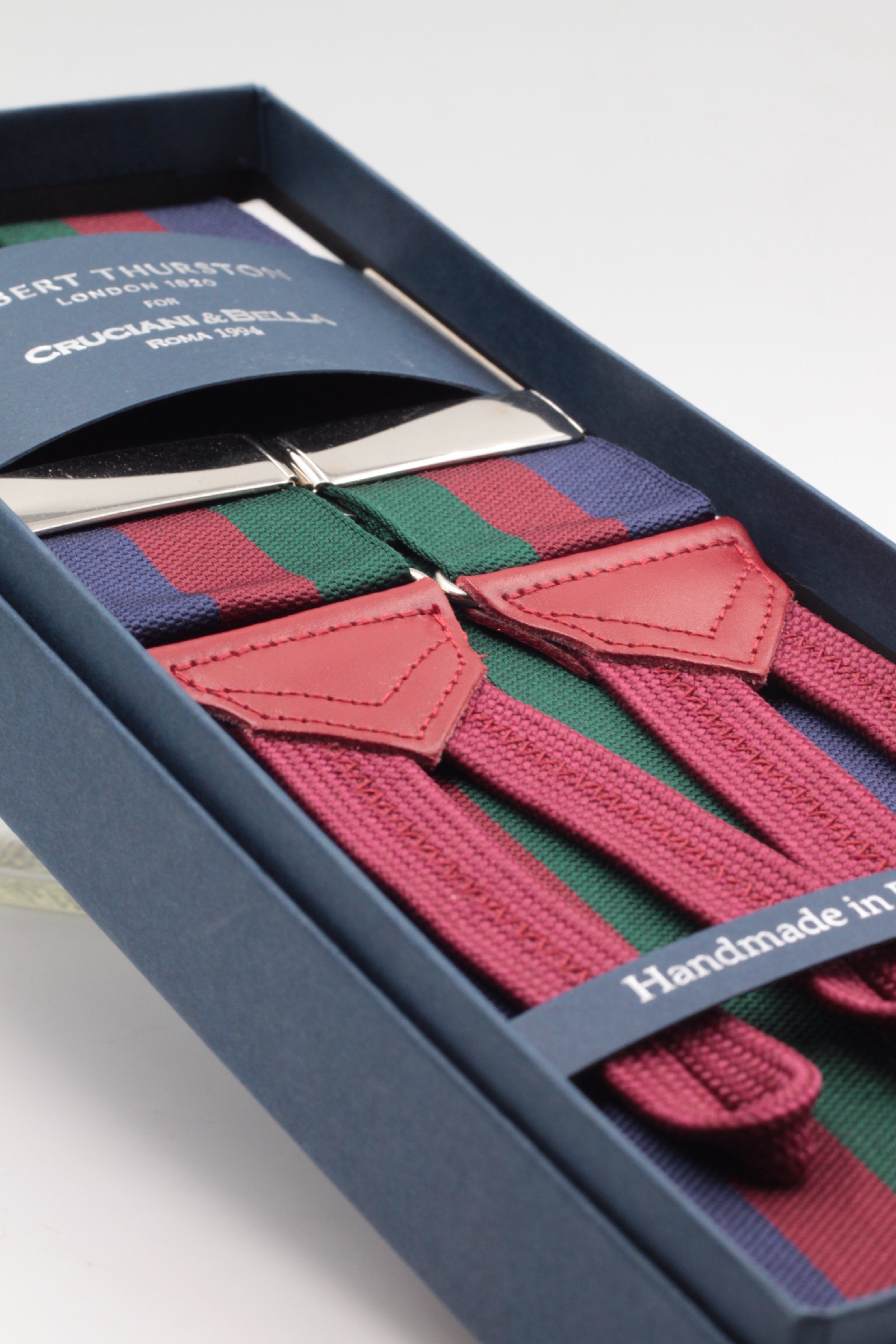 Albert Thurston for Cruciani & Bella Made in England Adjustable Sizing 40 mm Woven Barathea  Red, green and blue navy stripes "Blackwatch" braces Braid ends Y-Shaped Nickel Fittings Size: XL