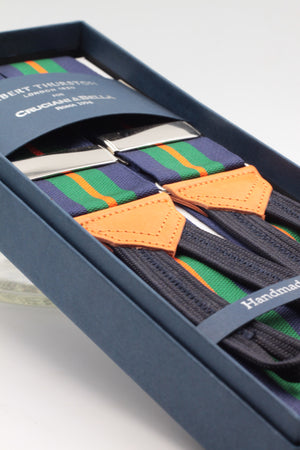 Albert Thurston for Cruciani & Bella Made in England Adjustable Sizing 40 mm Woven Barathea  Navy, green and orange stripes Braces Braid ends Y-Shaped Nickel Fittings Size: XL