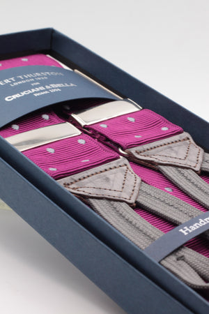 Albert Thurston for Cruciani & Bella Made in England Adjustable Sizing 40 mm Woven Barathea  Purple, grey dots braces Braid ends Y-Shaped Nickel Fittings Size: XL