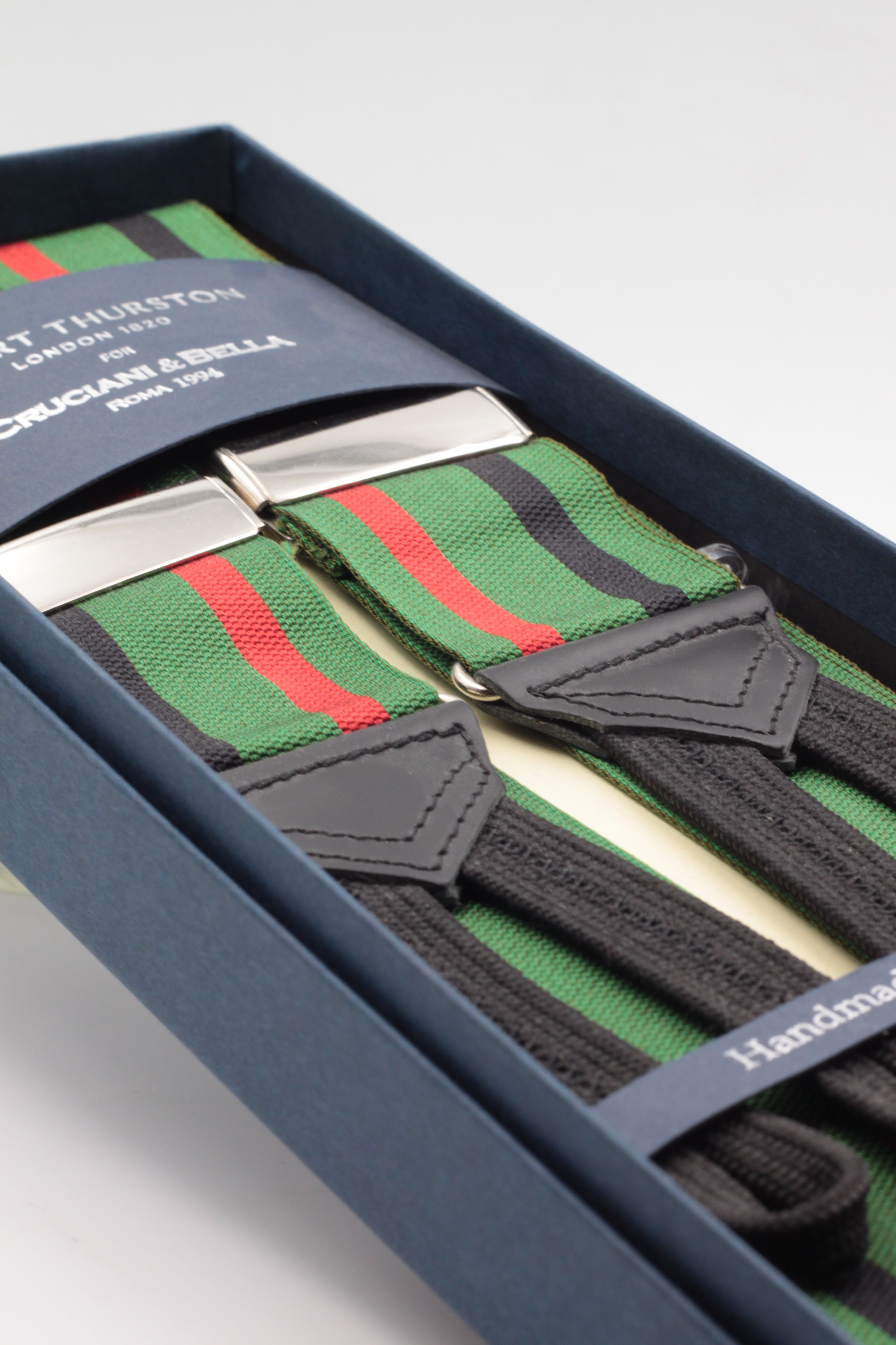 Albert Thurston for Cruciani & Bella Made in England Adjustable Sizing 40 mm Woven Barathea  Green, black and red stripes Braces Braid ends Y-Shaped Nickel Fittings Size: XL