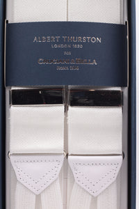 Albert Thurston for Cruciani & Bella Made in England Adjustable Sizing 40 mm Woven Barathea  White plain Braces Braid ends Y-Shaped Nickel Fittings Size: XL