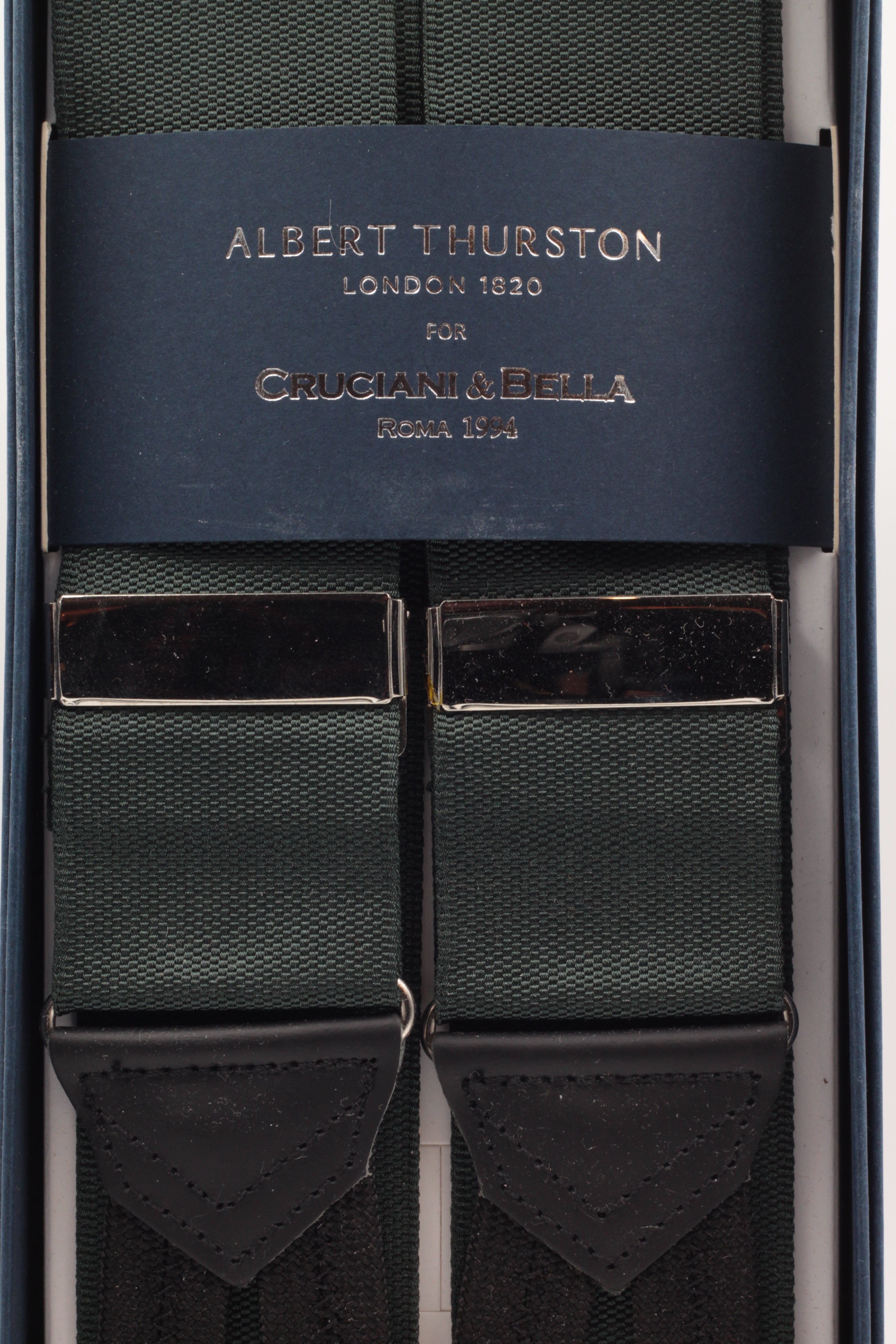 Albert Thurston for Cruciani & Bella Made in England Adjustable Sizing 40 mm Woven Barathea  Forrest green plain Braces Braid ends Y-Shaped Nickel Fittings Size: XL