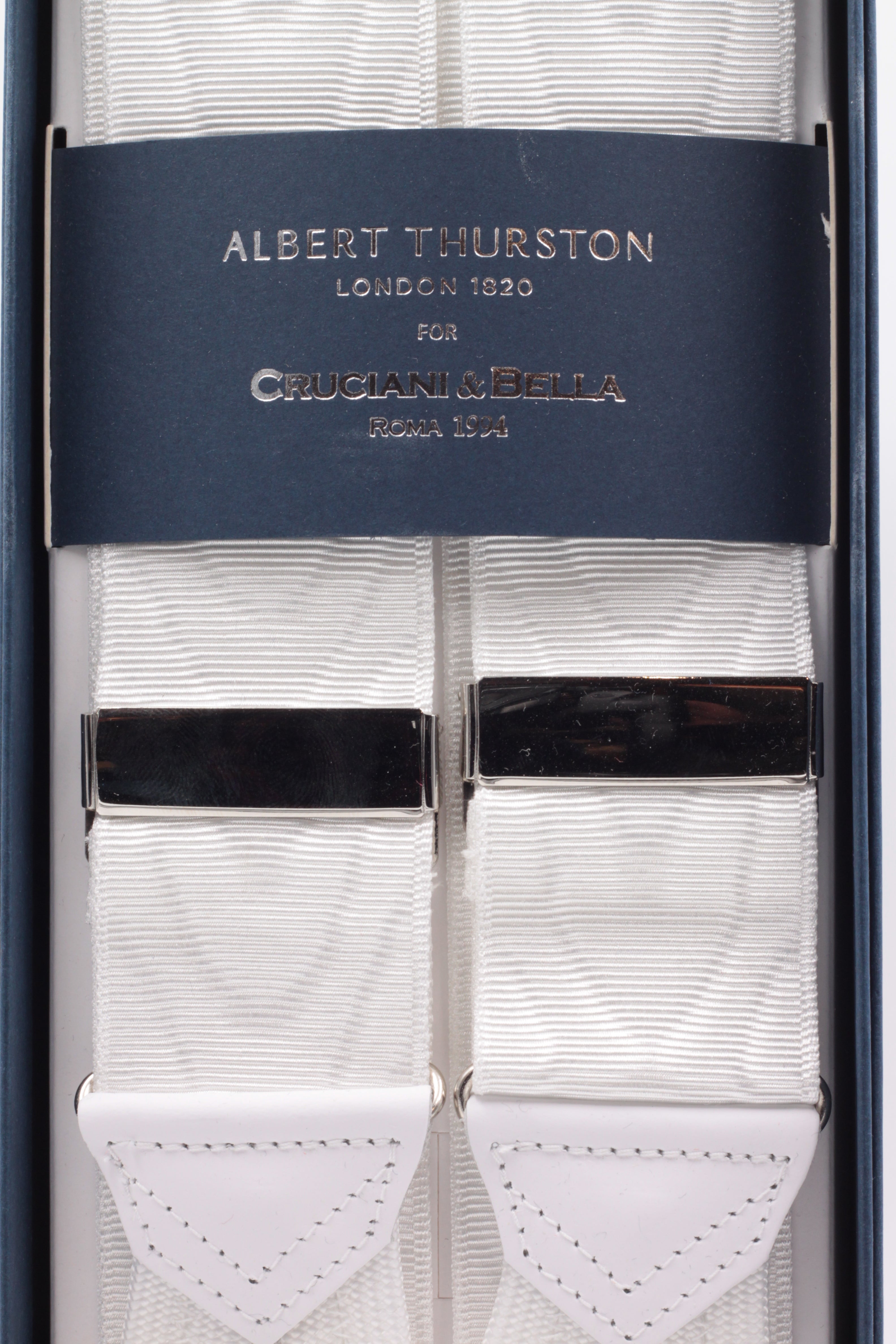 Albert Thurston for Cruciani & Bella Made in England Adjustable Sizing 40 mm Woven Barathea  White moiré Braces Braid ends Y-Shaped Brass Fittings Size: XL