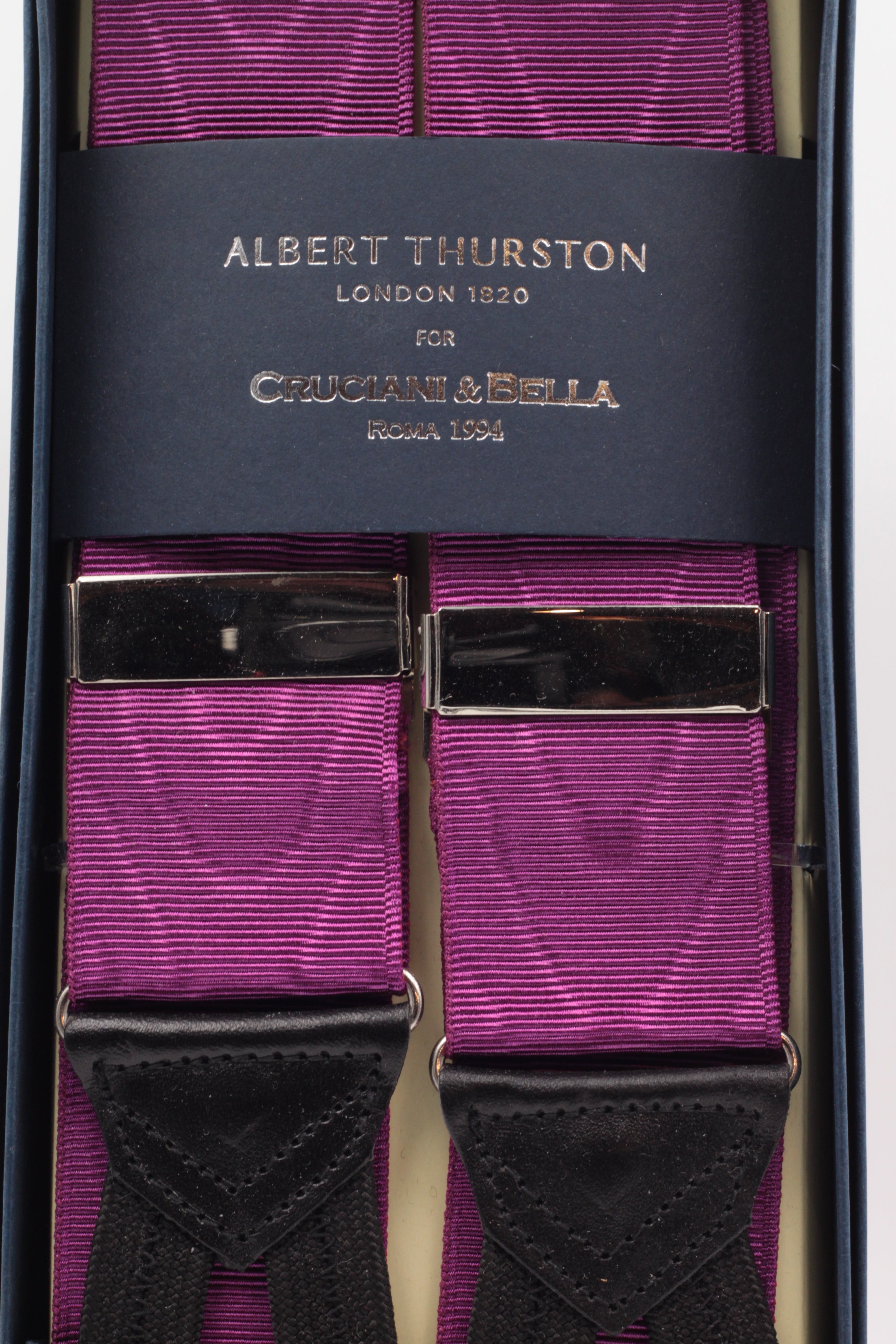 Albert Thurston for Cruciani & Bella Made in England Adjustable Sizing 40 mm Woven Barathea  Purple moiré Braces Braid ends Y-Shaped Brass Fittings Size: XL