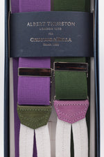 Albert Thurston for Cruciani & Bella Made in England Adjustable Sizing 35 mm elastic braces Green and purple exclusive  Braid ends Y-Shaped Nickel Fittings Size: L