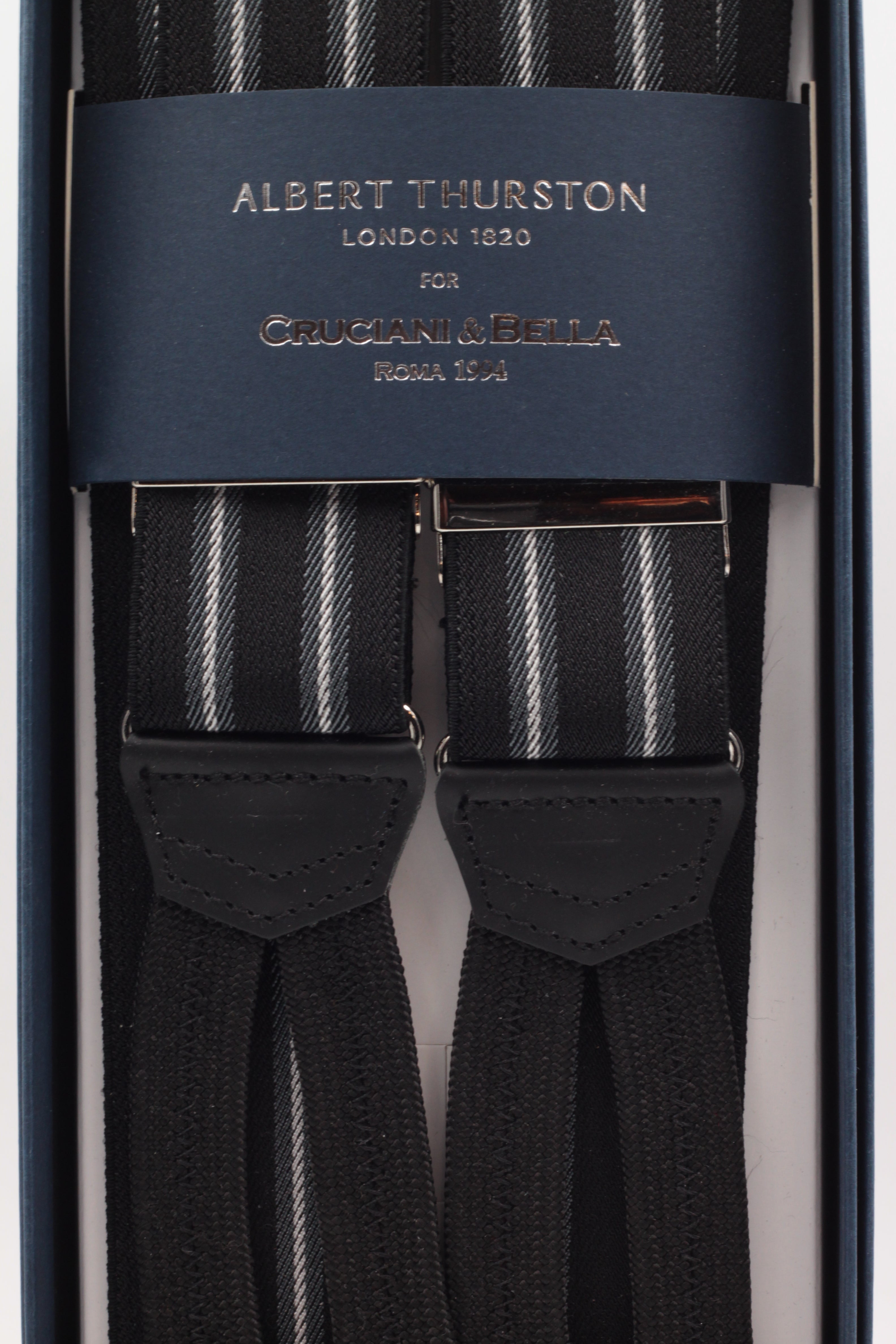 Albert Thurston for Cruciani & Bella Made in England Adjustable Sizing 35 mm elastic black, grey and white stripes braces Braid ends Y-Shaped Nickel Fittings Size: L