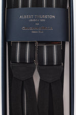 Albert Thurston for Cruciani & Bella Made in England Adjustable Sizing 35 mm elastic black, grey and white stripes braces Braid ends Y-Shaped Nickel Fittings Size: L