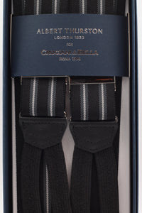 Albert Thurston for Cruciani & Bella Made in England Adjustable Sizing 35 mm elastic black, grey and white stripes braces Braid ends Y-Shaped Nickel Fittings Size: L