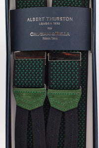 Albert Thurston for Cruciani & Bella Made in England Adjustable Sizing 35 mm elastic black, green motif braces Braid ends Y-Shaped Nickel Fittings Size: L