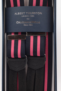 Albert Thurston for Cruciani & Bella Made in England Adjustable Sizing 35 mm elastic black, pink stripes braces Braid ends Y-Shaped Nickel Fittings Size: L
