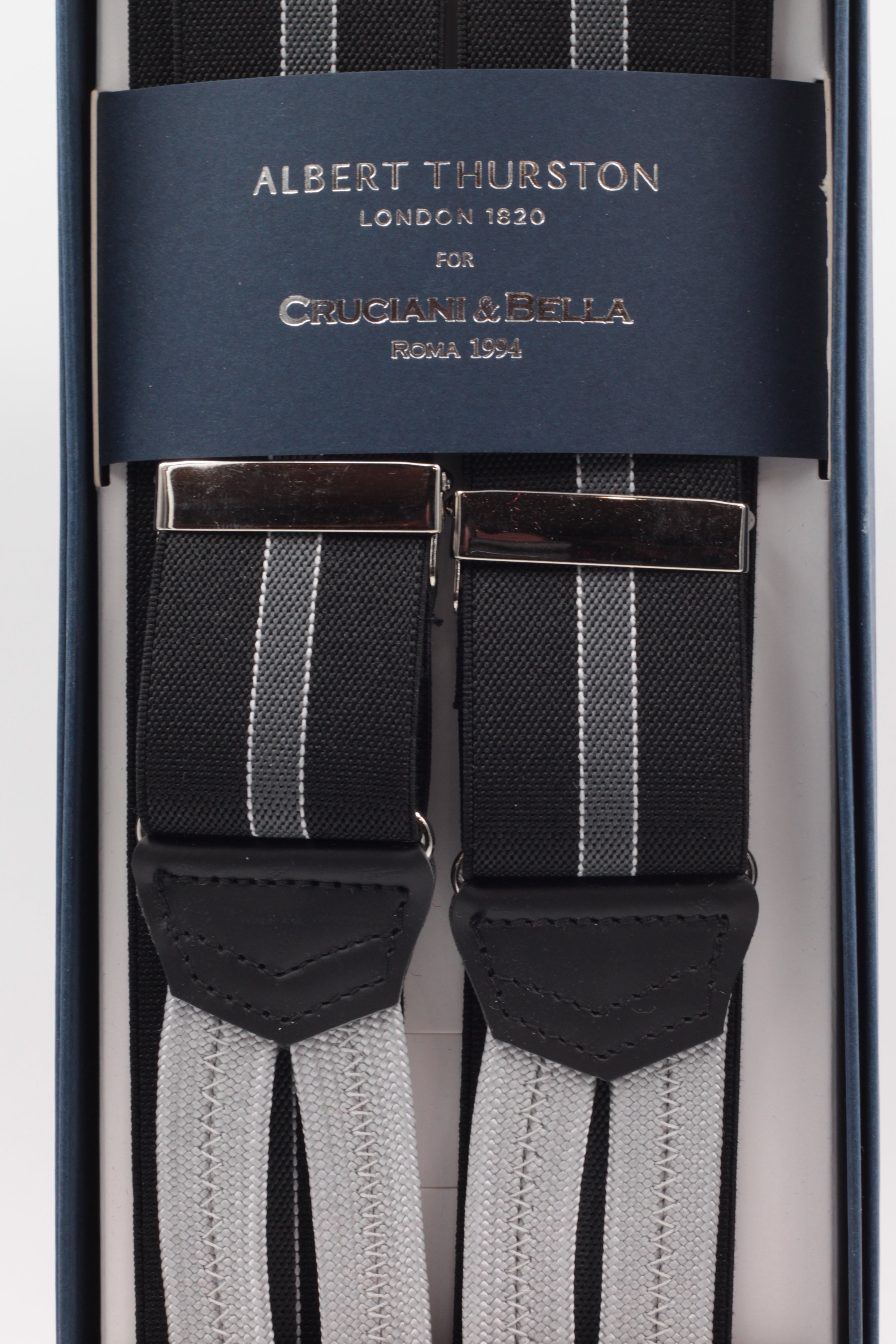Albert Thurston for Cruciani & Bella Made in England Adjustable Sizing 35 mm elastic black, grey and white braces Braid ends Y-Shaped Nickel Fittings Size: L