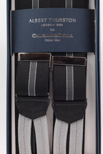 Albert Thurston for Cruciani & Bella Made in England Adjustable Sizing 35 mm elastic black, grey and white braces Braid ends Y-Shaped Nickel Fittings Size: L