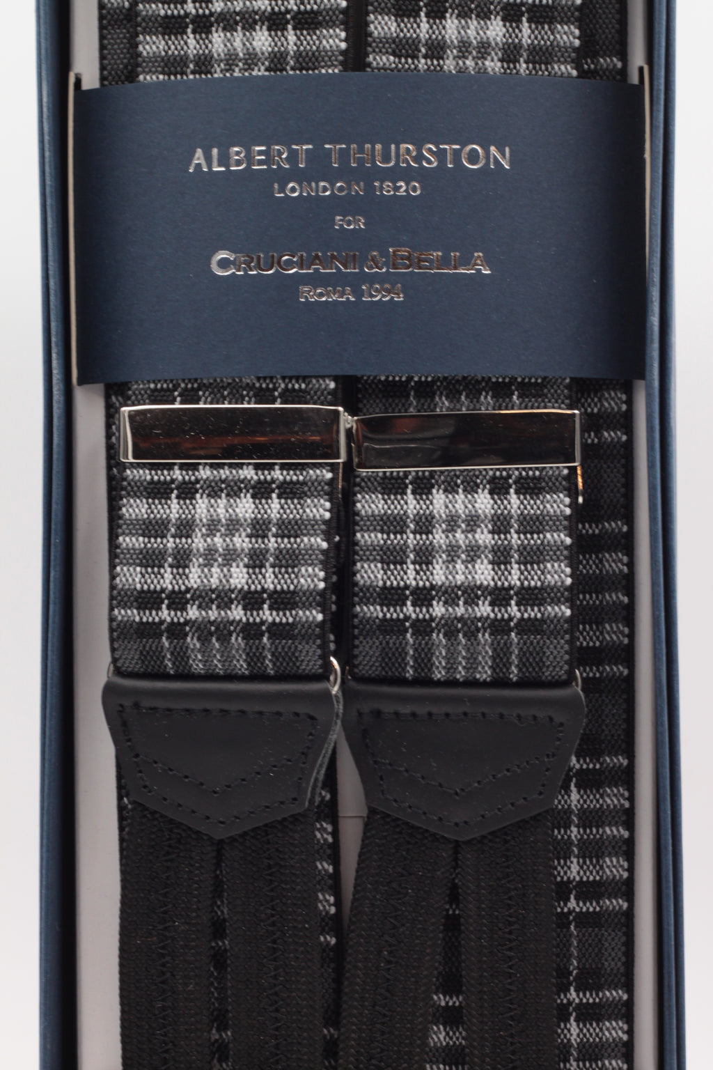 Albert Thurston for Cruciani & Bella Made in England Adjustable Sizing 35 mm elastic black and grey braces Braid ends Y-Shaped Nickel Fittings Size: L
