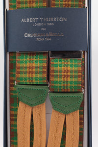 Albert Thurston for Cruciani & Bella Made in England Adjustable Sizing 35 mm elastic brown, green and mustard braces Braid ends Y-Shaped Nickel Fittings Size: L