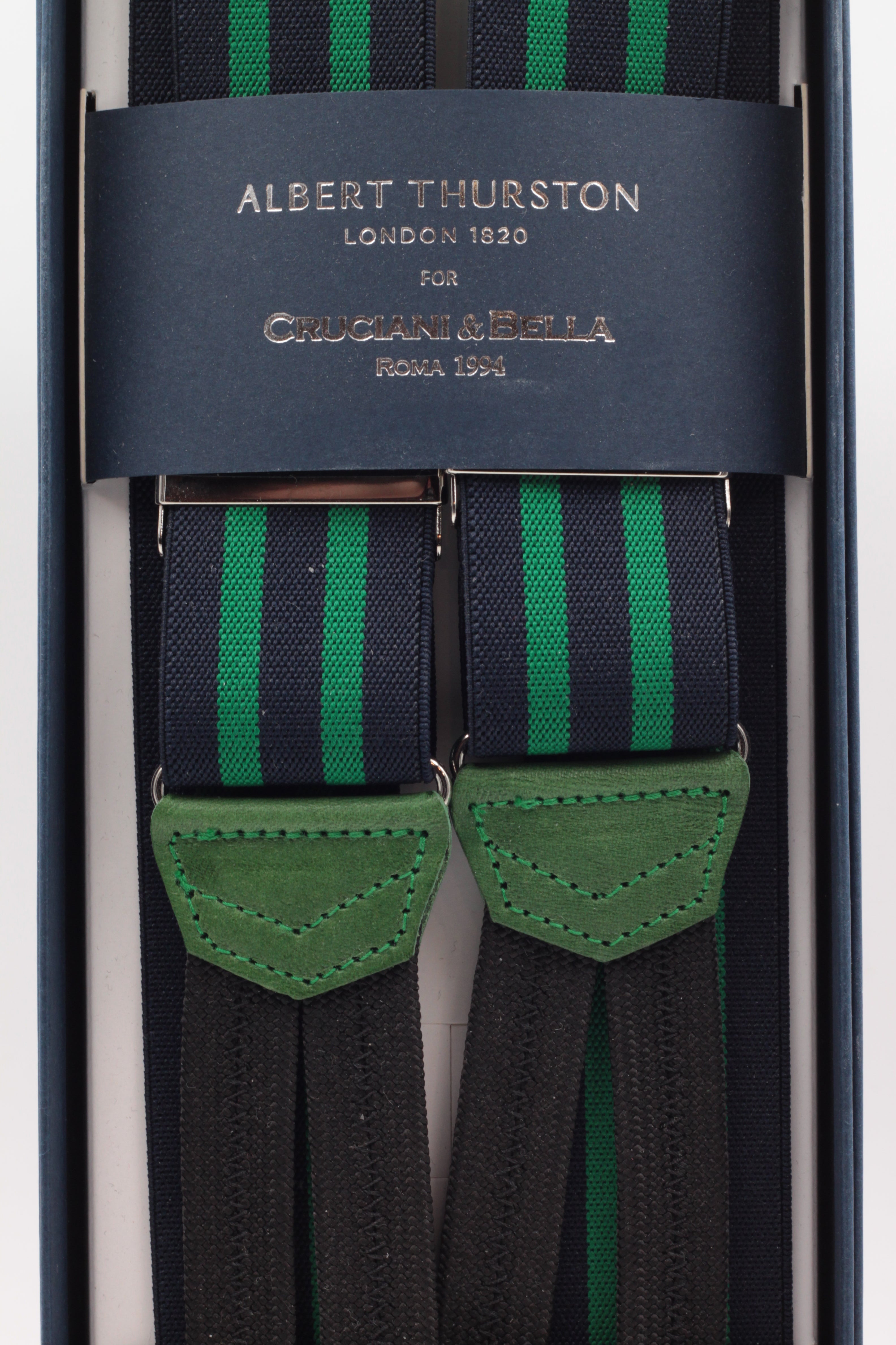 Albert Thurston for Cruciani & Bella Made in England Adjustable Sizing 35 mm elastic blue navy and green braces Braid ends Y-Shaped Nickel Fittings Size: L