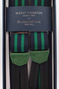 Albert Thurston for Cruciani & Bella Made in England Adjustable Sizing 35 mm elastic blue navy and green braces Braid ends Y-Shaped Nickel Fittings Size: L
