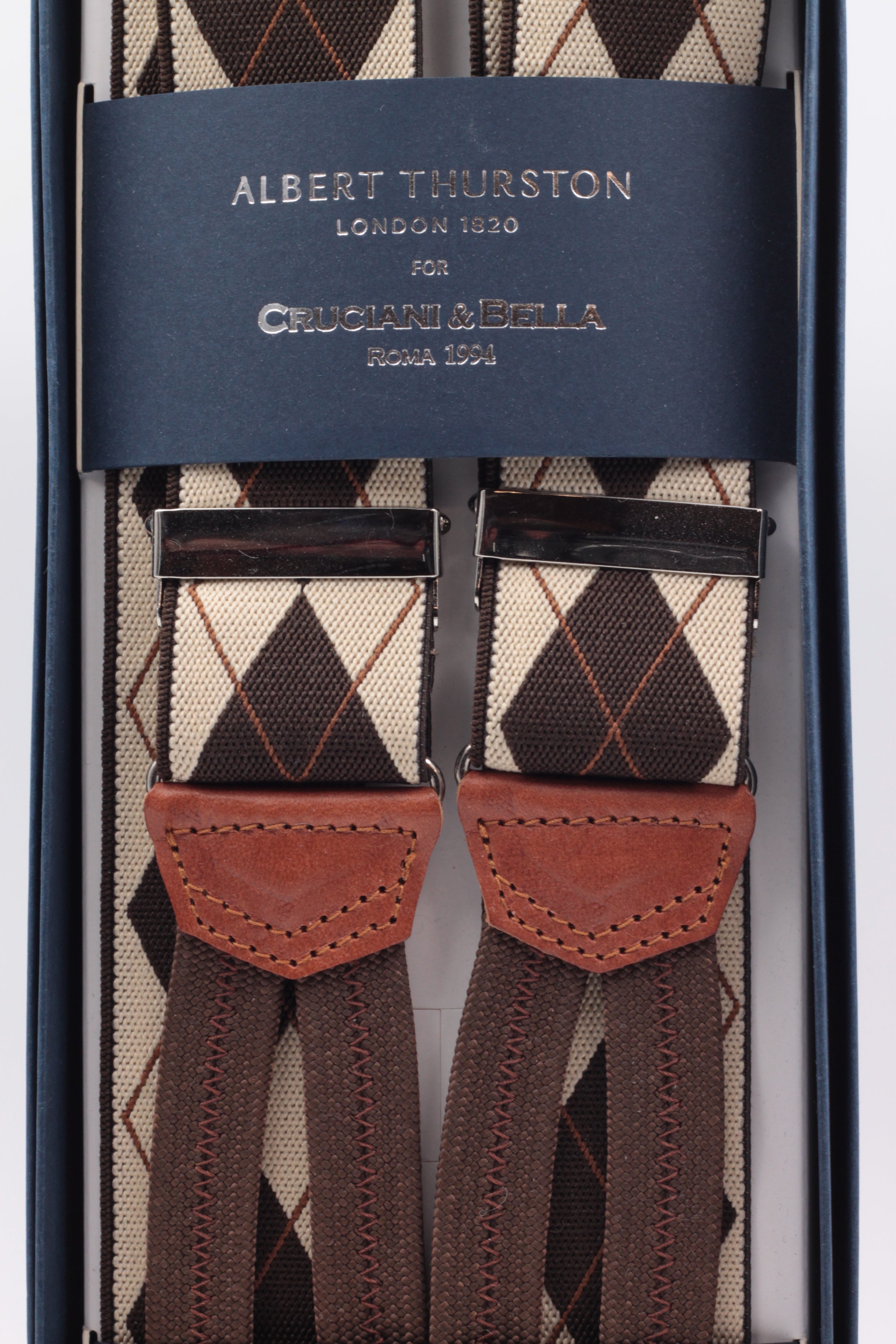 Albert Thurston for Cruciani & Bella Made in England Adjustable Sizing 35 mm elastic beige and brown braces Braid ends Y-Shaped Nickel Fittings Size: L