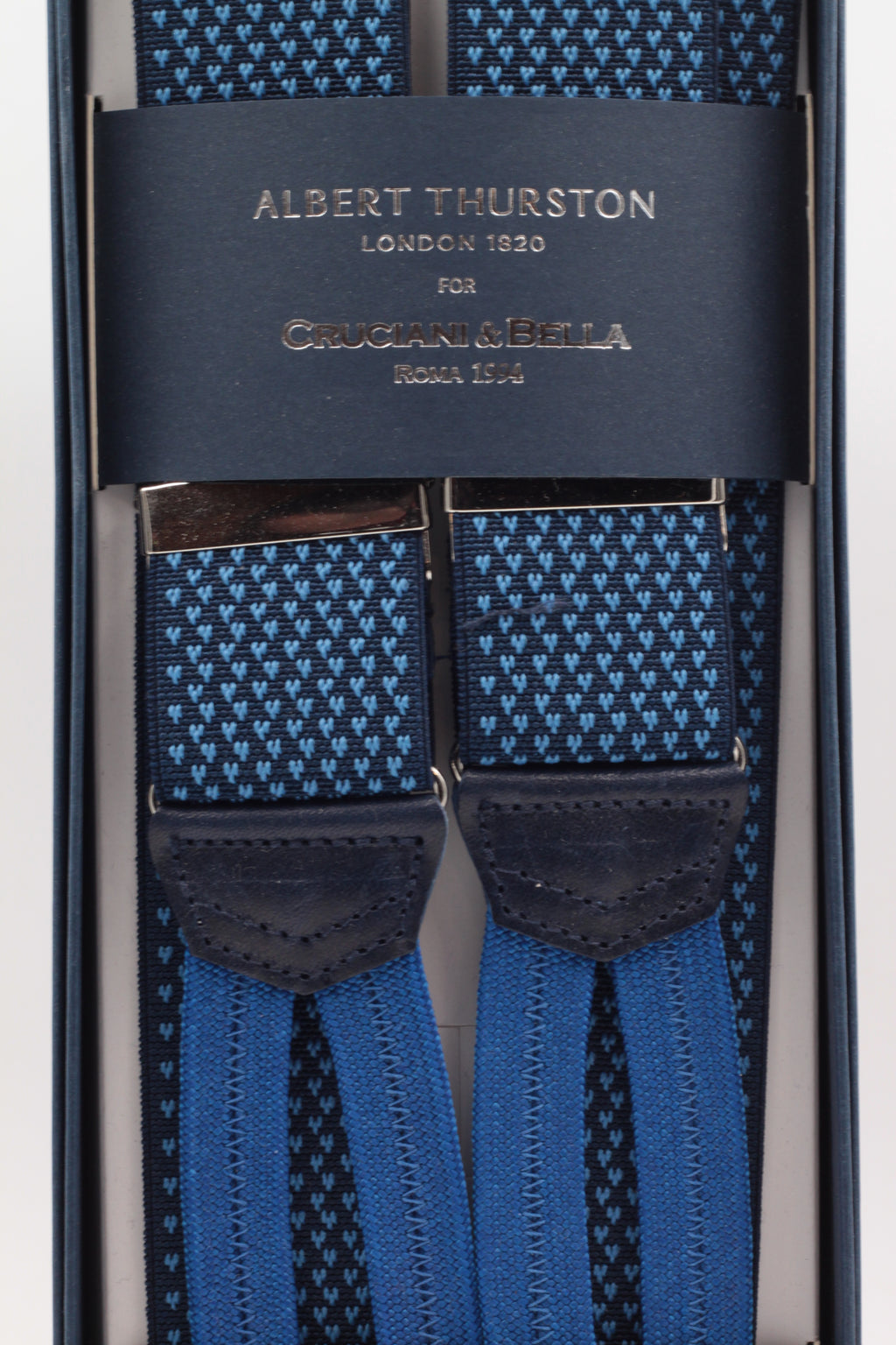 Albert Thurston for Cruciani & Bella Made in England Adjustable Sizing 35 mm elastic navy blue, olympic blue motif braces Braid ends Y-Shaped Nickel Fittings Size: L